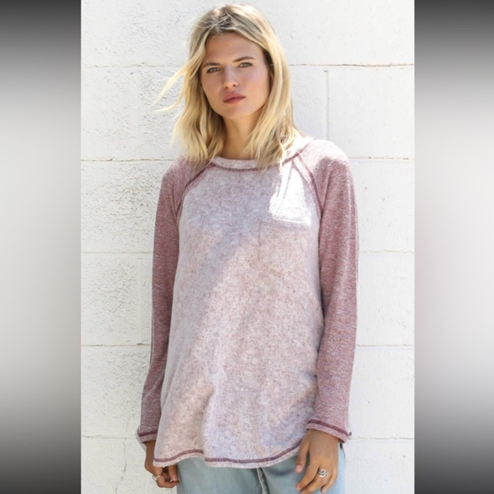 Soft Textured Long Sleeve Burgundy Contrast Tee  Raglan Sweatshirt Top.